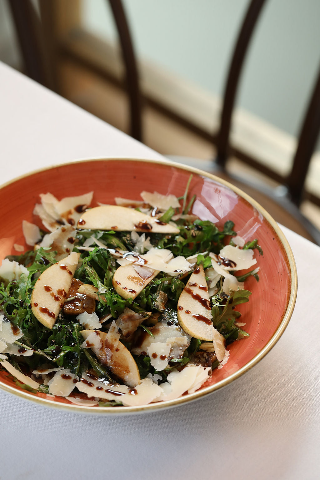 Pear &amp; Rocket salad, parmigiano, olive oil and balsamic (Vegetarian &amp; GF)