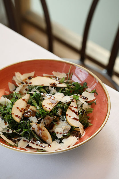 Pear &amp; Rocket salad, parmigiano, olive oil and balsamic (Vegetarian &amp; GF)