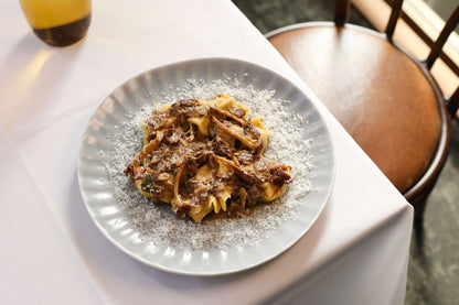 Porcini Tortellini, red wine, garlic, butter, braised lamb chops, oyster mushroom, tarragon, parmigiano, parsley