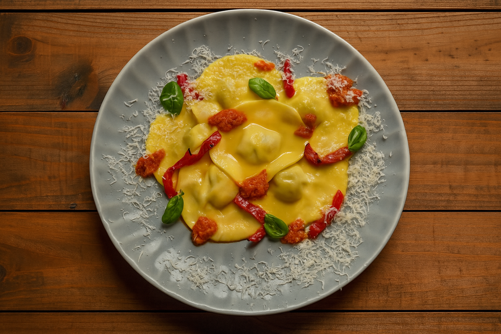 Basil e Ricotta Bottoni, chilli pate', vodka, leek, peppers, basil & oregano (Vegetarian)
