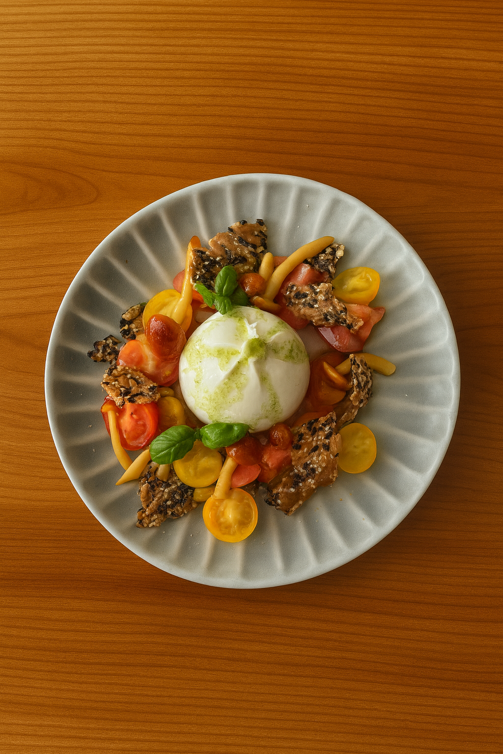 Burrata, Cannellini, golden chestnut mushroom, salted tomato, seeded cracker, basil oil, jalapeno