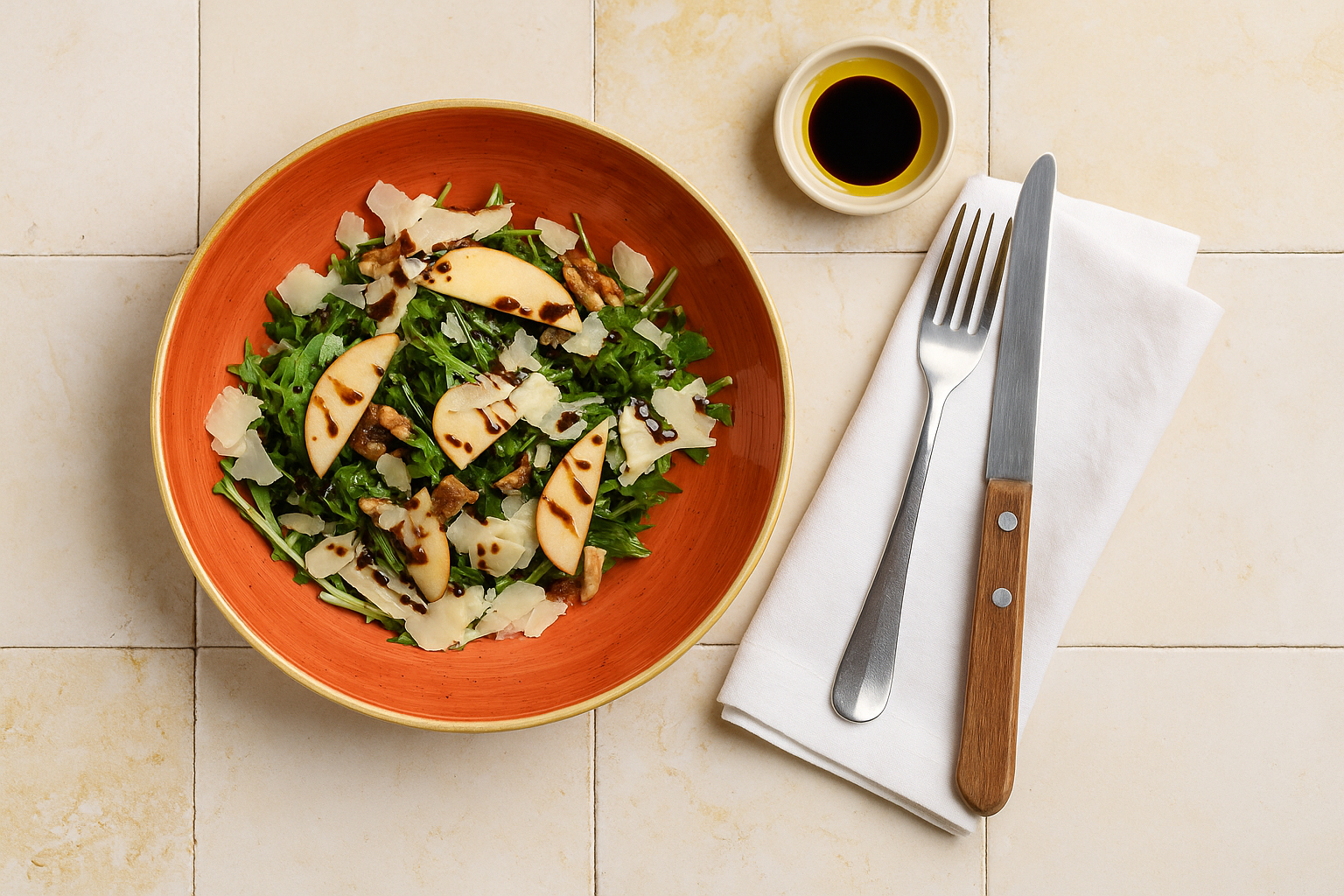 Pear &amp; Rocket salad, parmigiano, olive oil and balsamic (Vegetarian &amp; GF)