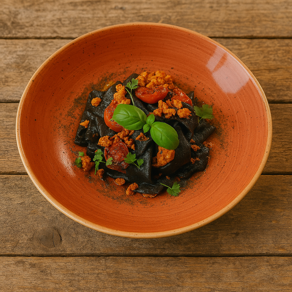 Black Squid Ink Tagliolini, chilli, garlic, Crab ragout, tomato, capers dust, parsley