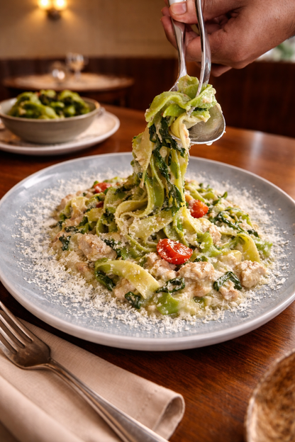Scialatielli, porchetta, cime di rapa, chilli, ricotta salata