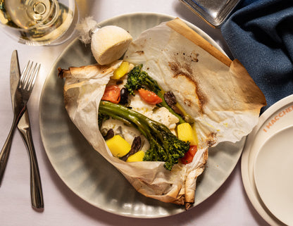 John Dory cartoccio, capers, olives, tomato, potato, broccolini